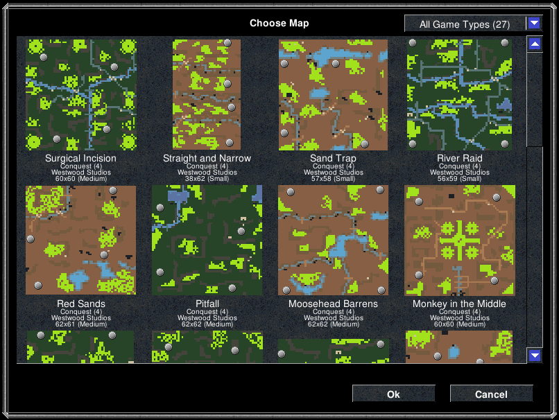 Maps which are all quite small and definitely designed for weaker computers and low resolution by Westwood.