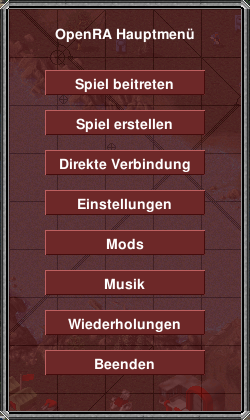 Main Menu translated into German simply by duplicating the chrome/mainmenu.yaml Might be better to merge properly for easier maintenance. OpenRA currently does not accept duplicated Widget definitions.