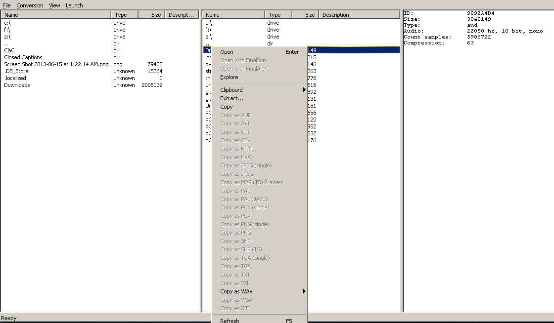 Here you can see the options available in XCC Mixer in the pull-down menu